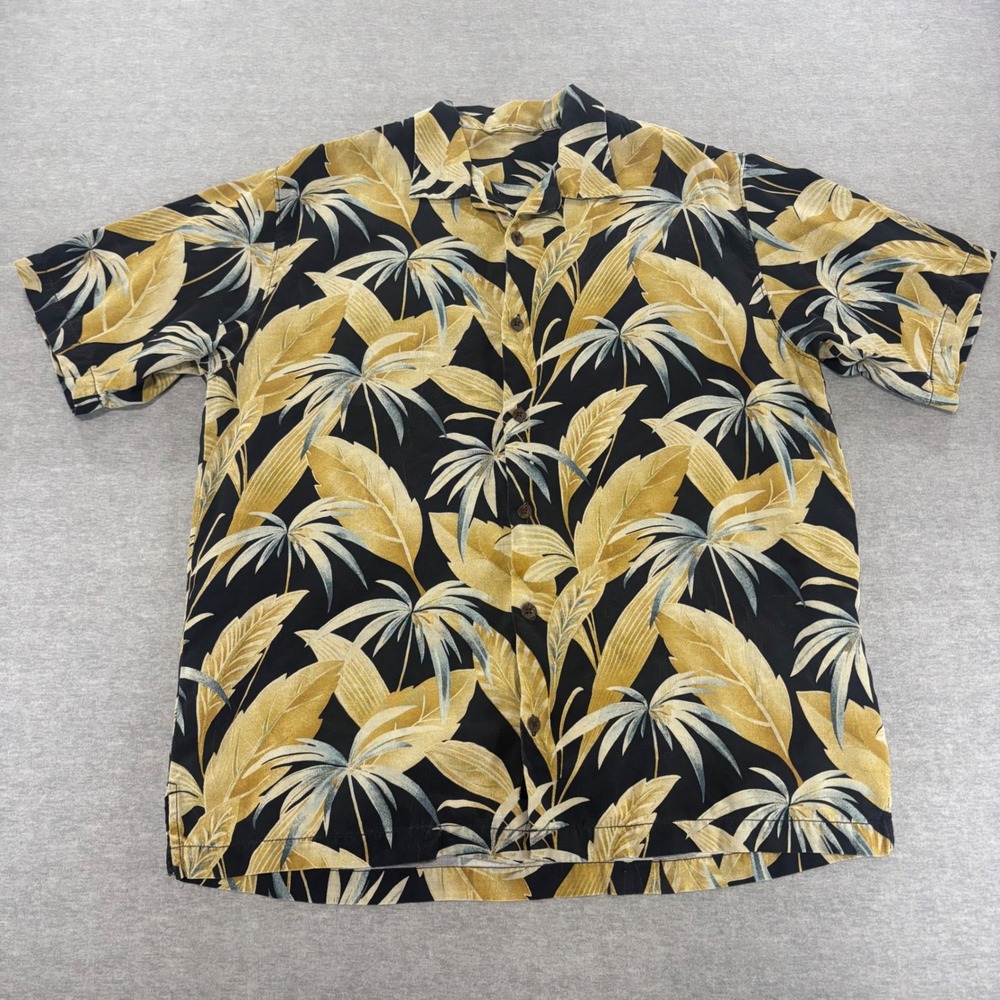 Tommy Bahama Mens Medium 100% Silk Tropical Leaf Print Camp Shirt Black Gold - Picture 2 of 7